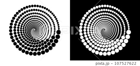 Modern abstract background. Halftone dots in circle form. Round logo. Vector dotted frame. Design element or icon. Black shape on a white background and the same white shape on the black side. Modern abstract background. Halftone dots in circle form. Round logo. Vector dotted frame. Design element or icon. Black shape on a white background and the same white shape on the black side. 107527622