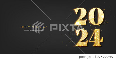 2024 greeting card with gold glitter numbers on dark background. Happy new year and merry christmas flyer or poster design. 2024 greeting card with gold glitter numbers on dark background. Happy new year and merry christmas flyer or poster design. 107527745