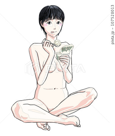 床に座りアイスクリームを食べる女の子35 107528013