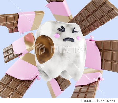 Dental caries banner 3d render. Sad dirty teeth cartoon kawaii character with toothache and sweet chocolate bars. Tooth decay, effect of sugar, treatment of oral cavity, health care. 3D illustration 107528994