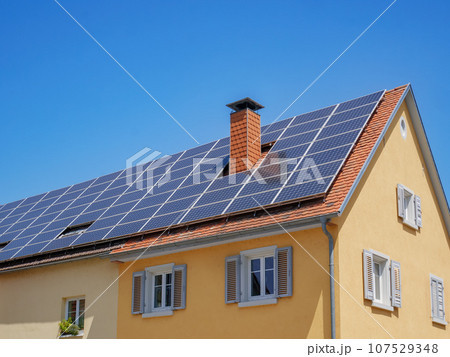 home with solar energy green plants and sunny blue sky home with solar energy green plants and sunny blue sky 107529348