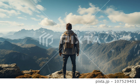 Young man traveler on a mountain summit enjoying freedom, back view 107529401