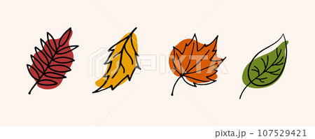 Set autumn leaves. Colored autumn leaves of aspen, birch, maple, rowan. Doodle Vector illustration. 107529421