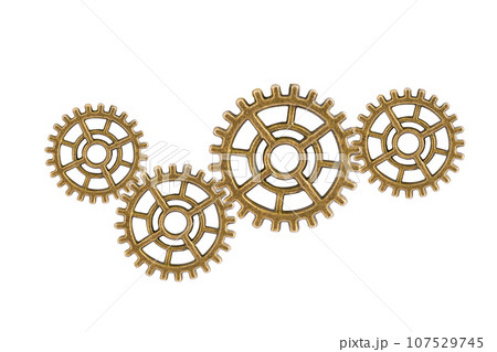 Gear and cogs wheels isolated on a white background, clock mechanism, brass metal engine industrial. Gear and cogs wheels isolated on a white background, clock mechanism, brass metal engine industrial. 107529745