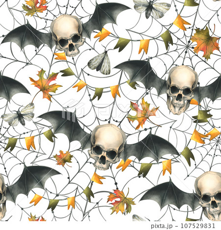 Human skulls with bat wings, cobwebs, garlands of flags and autumn leaves. Hand drawn watercolor illustration for Halloween and Day of the Dead. Seamless pattern on a white background 107529831