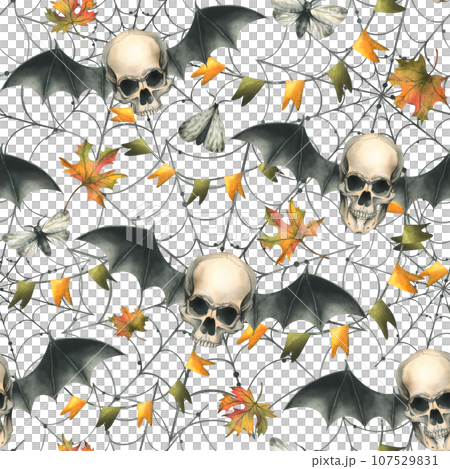 Human skulls with bat wings, cobwebs, garlands of flags and autumn leaves. Hand drawn watercolor illustration for Halloween and Day of the Dead. Seamless pattern on a white background 107529831