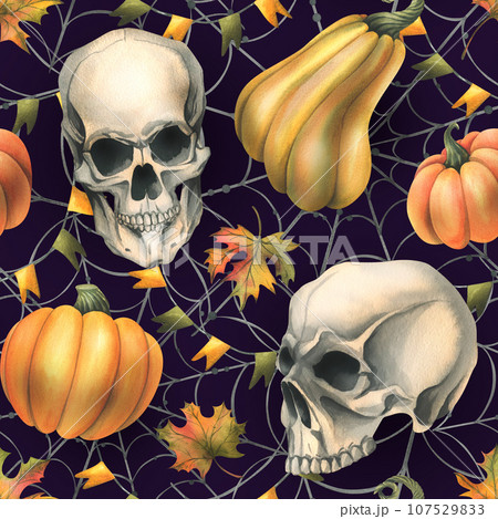 Human skull with orange pumpkins, cobwebs, garlands of flags and autumn leaves. Hand drawn watercolor illustration for Halloween and Day of the Dead. Seamless pattern on a dark purple background. Human skull with orange pumpkins, cobwebs, garlands of flags and autumn leaves. Hand drawn watercolor illustration for Halloween and Day of the Dead. Seamless pattern on a dark purple background. 107529833
