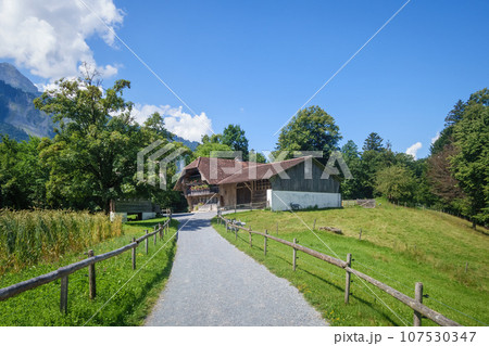 idyllic farmhouse in the swiss alps idyllic farmhouse in the swiss alps 107530347