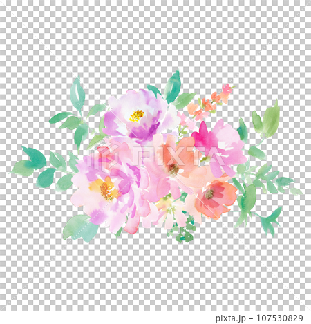 Bouquet illustration material of pink and purple flowers painted in watercolor 107530829