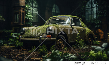 Old overgrown abandoned vintage car 107530985