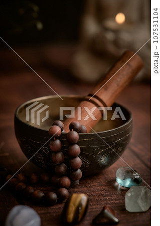 tibetan bowl with rosary beads tibetan bowl with rosary beads 107531104