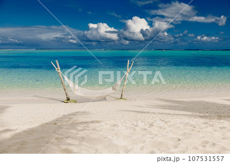 Holiday beach with hammock and ocean at tropical island. Tropical vacations Holiday beach with hammock and ocean at tropical island. Tropical vacations 107531557