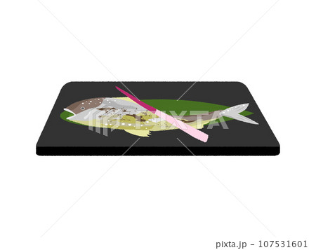 お皿にのった、鮎の塩焼き 107531601