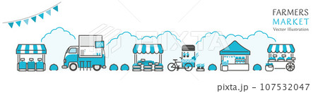 賑やかなファーマーズマーケットに並ぶお店のベクターイラスト 107532047