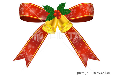 柊つきクリスマス用ラッピングリボン、赤に金のラインで雪の結晶つき 107532136