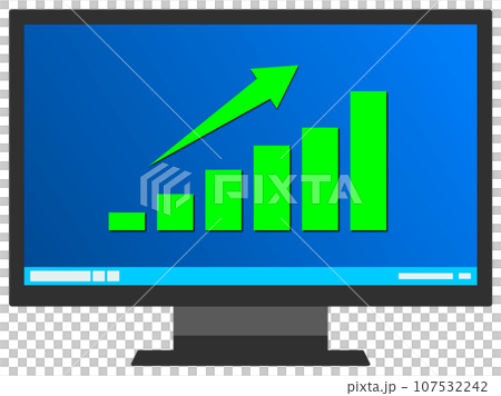 パソコンのモニターにデータ集計のグラフを表示するイラスト 107532242