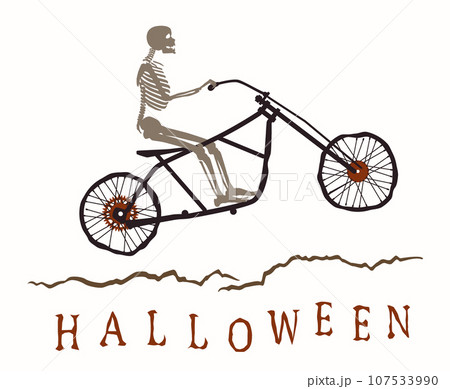 The skeleton rides a motorcycle frame on a bad road to the Halloween. The skeleton rides a motorcycle frame on a bad road to the Halloween. 107533990
