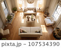 Looking down living room. Family laptop. Generate Ai 107534390