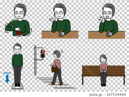 フレイルの兆候がある高齢者のイラストセット フレイルの兆候がある高齢者のイラストセット 107534494