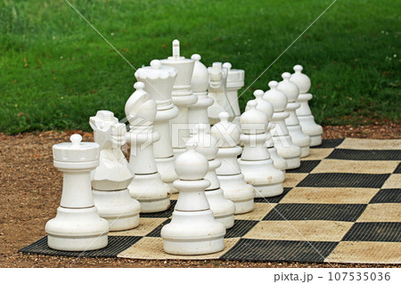 Giant white outdoor chess set pieces on a board Giant white outdoor chess set pieces on a board 107535036