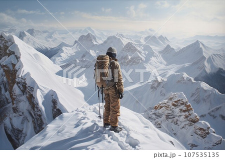 Climber winter mountains. Nature peak. Fictional person. Generate Ai Climber winter mountains. Nature peak. Fictional person. Generate Ai 107535135