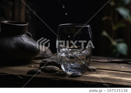 Clean water glass on table. Beverage splash. Generate Ai 107535136