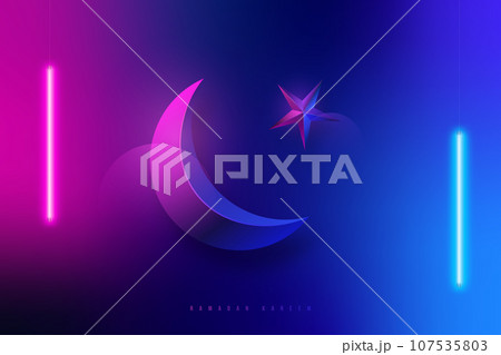 Modern blue and pink gradient banner for Ramadan Kareem.  107535803