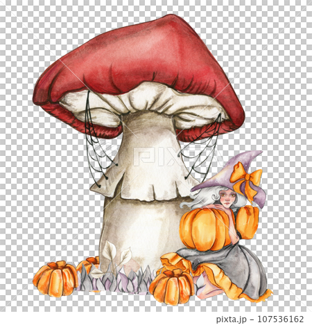 Watercolor hand drawn composition of autumn with pumpkins, mushroom and witch. Hand drawn illustration of autumn. Halloween illustration for sticker, invitation, poster, packaging, designs, cards Watercolor hand drawn composition of autumn with pumpkins, mushroom and witch. Hand drawn illustration of autumn. Halloween illustration for sticker, invitation, poster, packaging, designs, cards 107536162