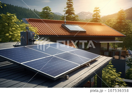 Photovoltaic panels on the roof of a small modern house. 107536358