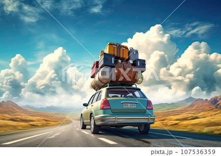 Retro car with luggage on the roof. Car on the road with a lot of suitcases on roof. Family travel on vacation. 107536359