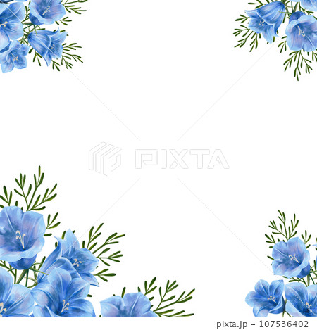 Hand drawn illustration. Watercolor botanical frame Bluebell flowers set. Isolated on white background. Application for postcards, invitations 107536402