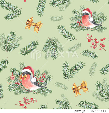 Bullfinch bird winter seamless pattern. Watercolor illustration. Hand drawn bullfinch bird, fir tree branch, cone, red berries, pine nature winter element. Forest little songbird. White background 107536414