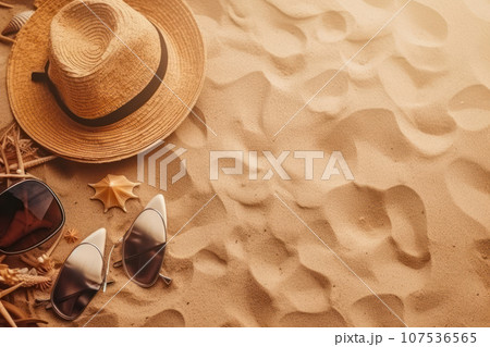 Seashell collection still life with a hat and starfish on a sandy beach background, AI Generative. Seashell collection still life with a hat and starfish on a sandy beach background, AI Generative. 107536565
