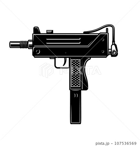 Illustration of automatic uzi handgun in monochrome style. Design element for logo, label, sign, poster. Vector illustration 107536569