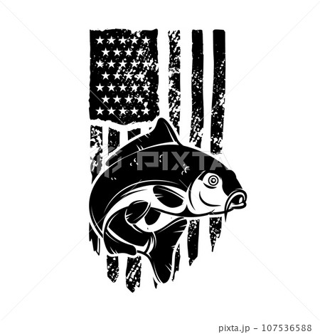 Carp fish on american flag background . Design element for logo, label, sign, emblem, poster. Vector illustration 107536588