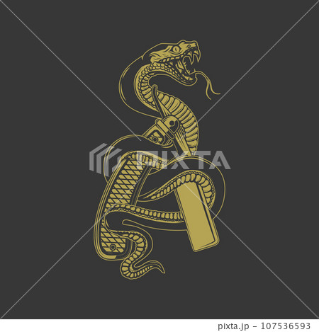 Illustration of snake on barber razor. Design element for poster, card, banner, sign. Vector illustration 107536593