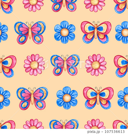 Children's seamless pattern with butterflies and flowers. On a beige background. Handmade watercolor illustration. For packaging paper, textiles, children's clothing, greeting card, label and package 107536613
