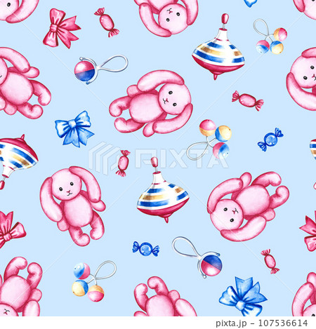 Seamless pattern with children's toys. Pink plush bunnies, a spinning top and rattles. On a blue background. Handmade watercolor illustration. For packaging paper, textiles, children's clothing. Seamless pattern with children's toys. Pink plush bunnies, a spinning top and rattles. On a blue background. Handmade watercolor illustration. For packaging paper, textiles, children's clothing. 107536614