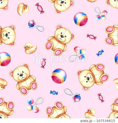 Seamless pattern with children's toys. Teddy bears, balls and rattles. On a pink background. Handmade watercolor illustration. For packaging paper, textiles, children's clothing, labels, packages. 107536615