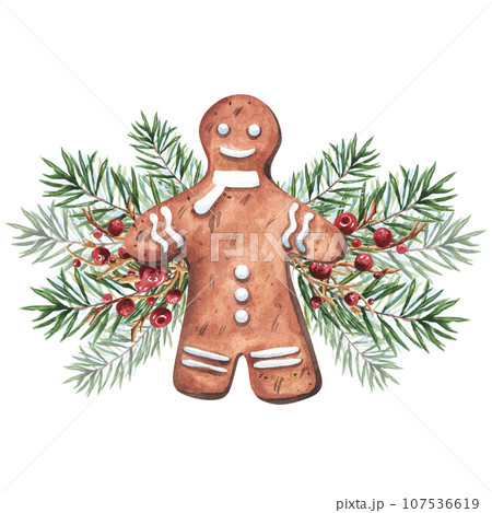 Watercolor gingerbread house with fir branches and berries isolated on white background. Watercolour Christmas food illustration. For decor, textile, packaging, dishes. 107536619