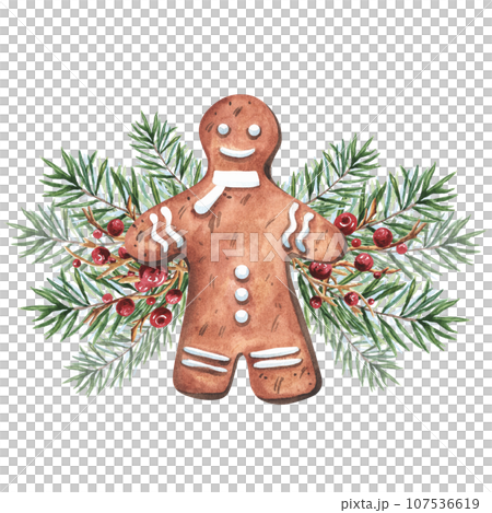Watercolor gingerbread house with fir branches and berries isolated on white background. Watercolour Christmas food illustration. For decor, textile, packaging, dishes. 107536619