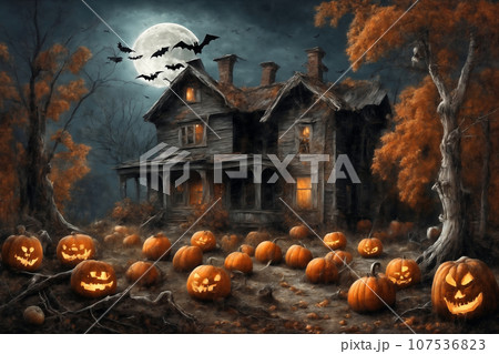 halloween night, old house in mystical forest, around pumpkins and flying bats, big full moon in dark sky, scary and fabulous, dark magic halloween night, old house in mystical forest, around pumpkins and flying bats, big full moon in dark sky, scary and fabulous, dark magic 107536823
