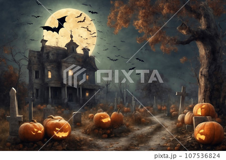 halloween night, old house in mystical forest, around pumpkins and flying bats, big full moon in dark sky, scary and fabulous, dark magic halloween night, old house in mystical forest, around pumpkins and flying bats, big full moon in dark sky, scary and fabulous, dark magic 107536824