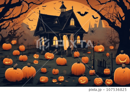 halloween night, old house in mystical forest, around pumpkins and flying bats, big full moon in dark sky, scary and fabulous, dark magic halloween night, old house in mystical forest, around pumpkins and flying bats, big full moon in dark sky, scary and fabulous, dark magic 107536825