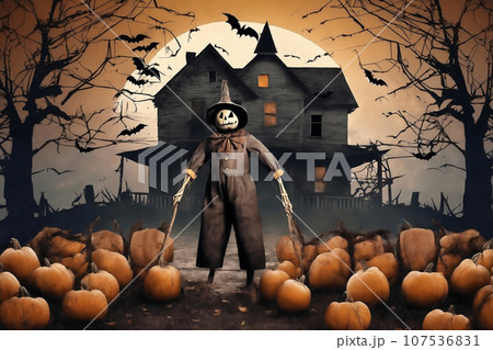 halloween, scarecrow in front of the old house, around pumpkins and mystical forest, flying bats on big full moon background, scary and fabulous, dark magic 107536831
