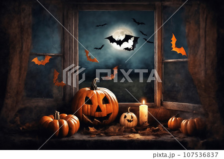 decoration for halloween holiday, jack o lantern pumpkins and candles on a windowsill, flying bats outside the window, moonlit night, dark, witchcraft and scary decoration for halloween holiday, jack o lantern pumpkins and candles on a windowsill, flying bats outside the window, moonlit night, dark, witchcraft and scary 107536837