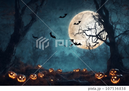 mystical forest on Halloween night, bats on the background of a big full moon in the dark sky, atmospheric and fairytale mystical forest on Halloween night, bats on the background of a big full moon in the dark sky, atmospheric and fairytale 107536838