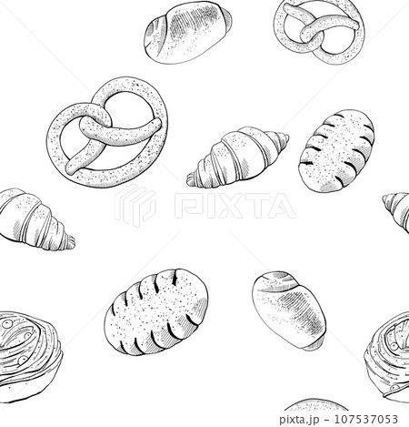 Rolls, buns, croissants, pretzels, pies and other baked goods. Seamless pattern for printing on fabric, wallpaper, packaging for bakeries and confectionery products. Graphic monochrome illustration. 107537053