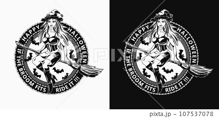 Circular emblem with young beautiful redhead witch flying on broom, silhouette of bats, full red moon behind, text Happy Halloween. Colorful illustration in vintage style Circular emblem with young beautiful redhead witch flying on broom, silhouette of bats, full red moon behind, text Happy Halloween. Colorful illustration in vintage style 107537078