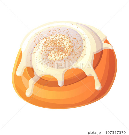 cinnamon bun with white icing and cinnamon powder. Stock vector illustration in cartoon style isolated on white background. 107537370